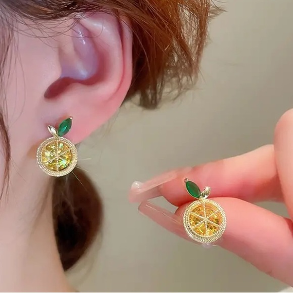 Crystal Lemon Gold Toned Stud Earrings - Picture 2 of 2